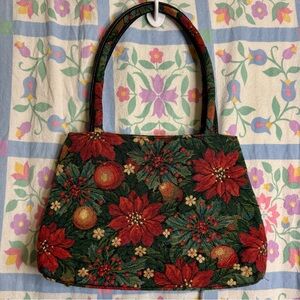 Vintage Floral Poinsettia Canvas Textile Shoulder Bag